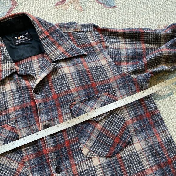 Vintage 70s Loop Collar Flannel Shirt Wool Blend Topaz Plaid Medium Camp - Picture 5 of 7